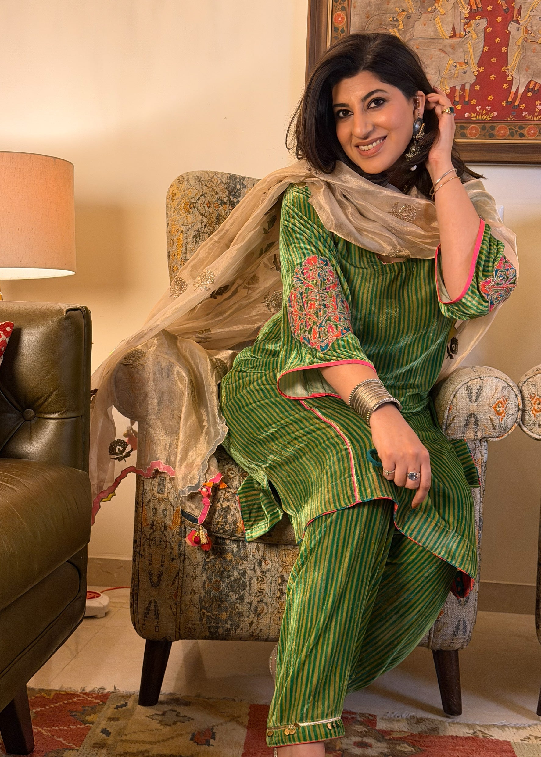 Green Stripe Velvet Kurta Set