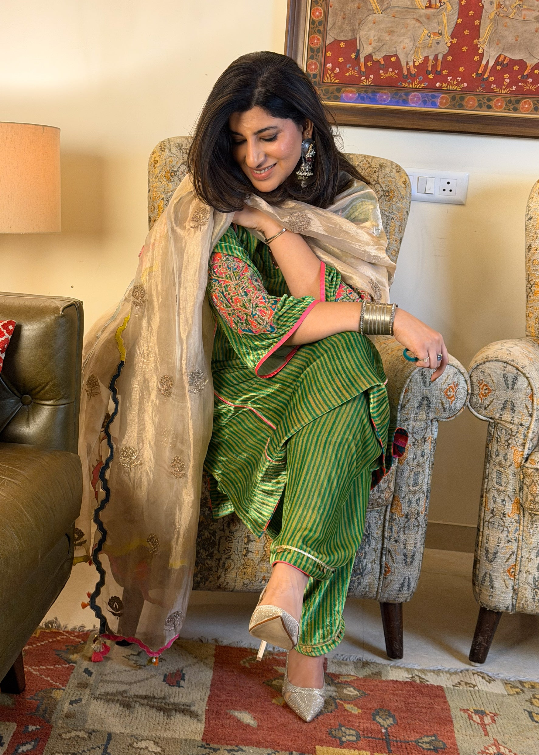 Green Stripe Velvet Kurta Set