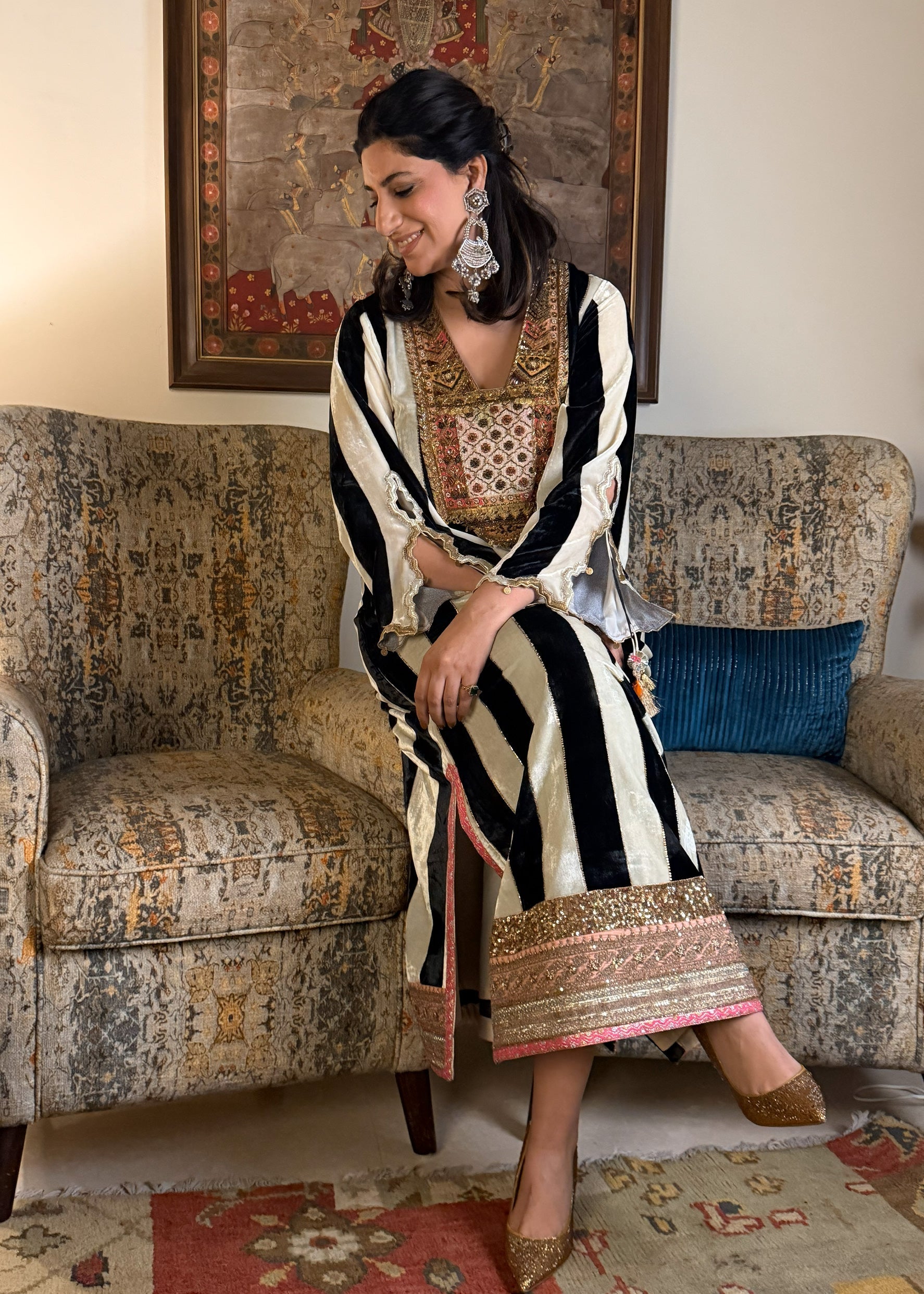 Black And White Stripe Velvet Kaftan Dress