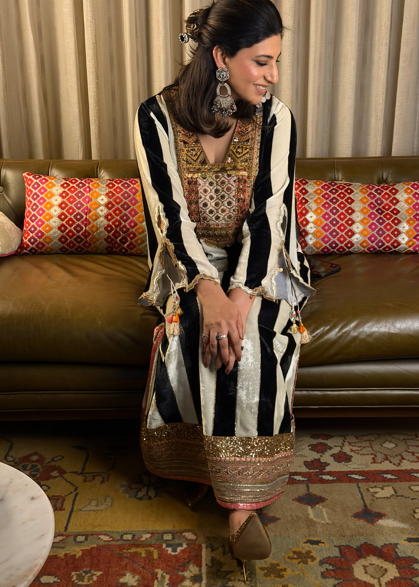 Black And White Stripe Velvet Kaftan Dress