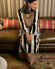 Black And White Stripe Velvet Kaftan Dress