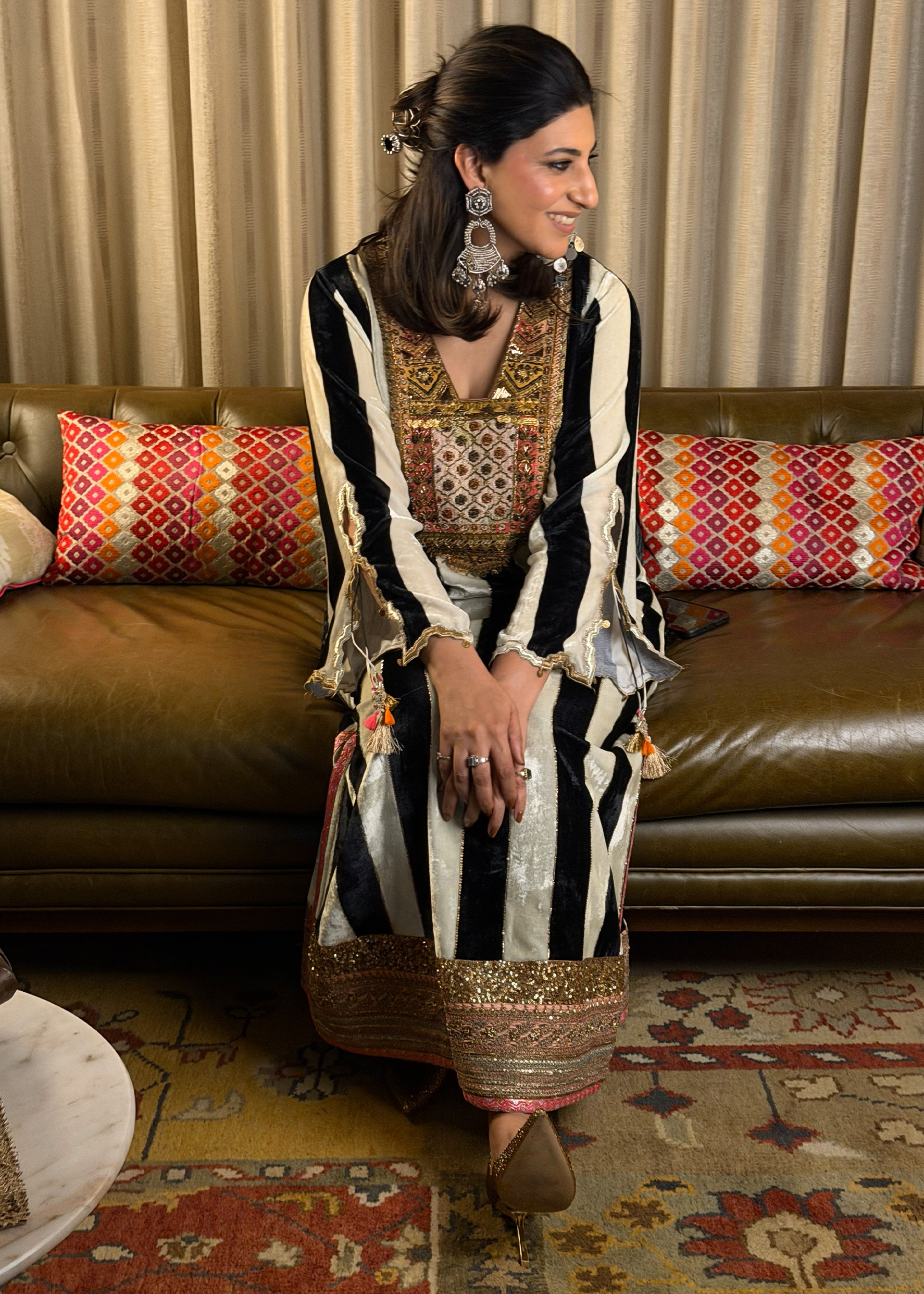 Black And White Stripe Velvet Kaftan Dress