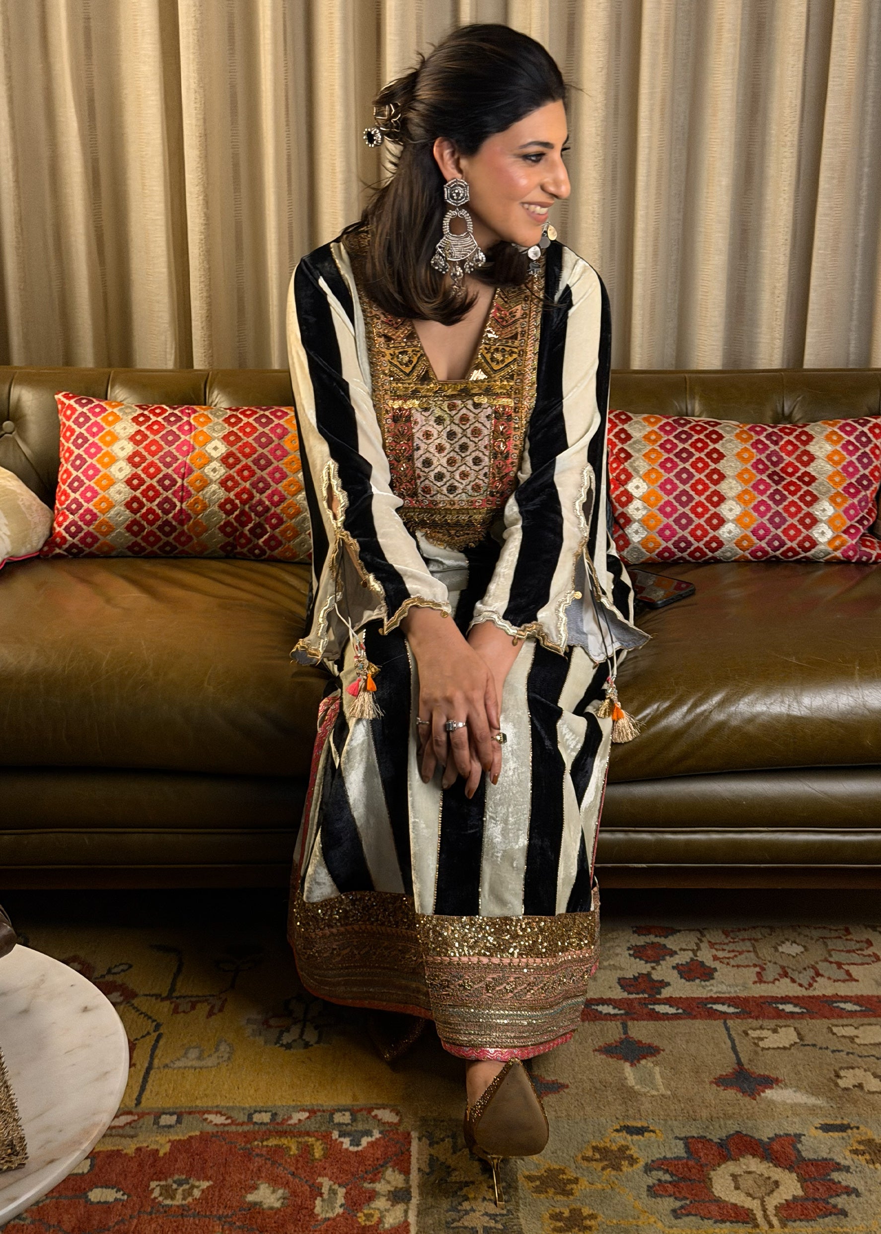Black And White Stripe Velvet Kaftan Dress