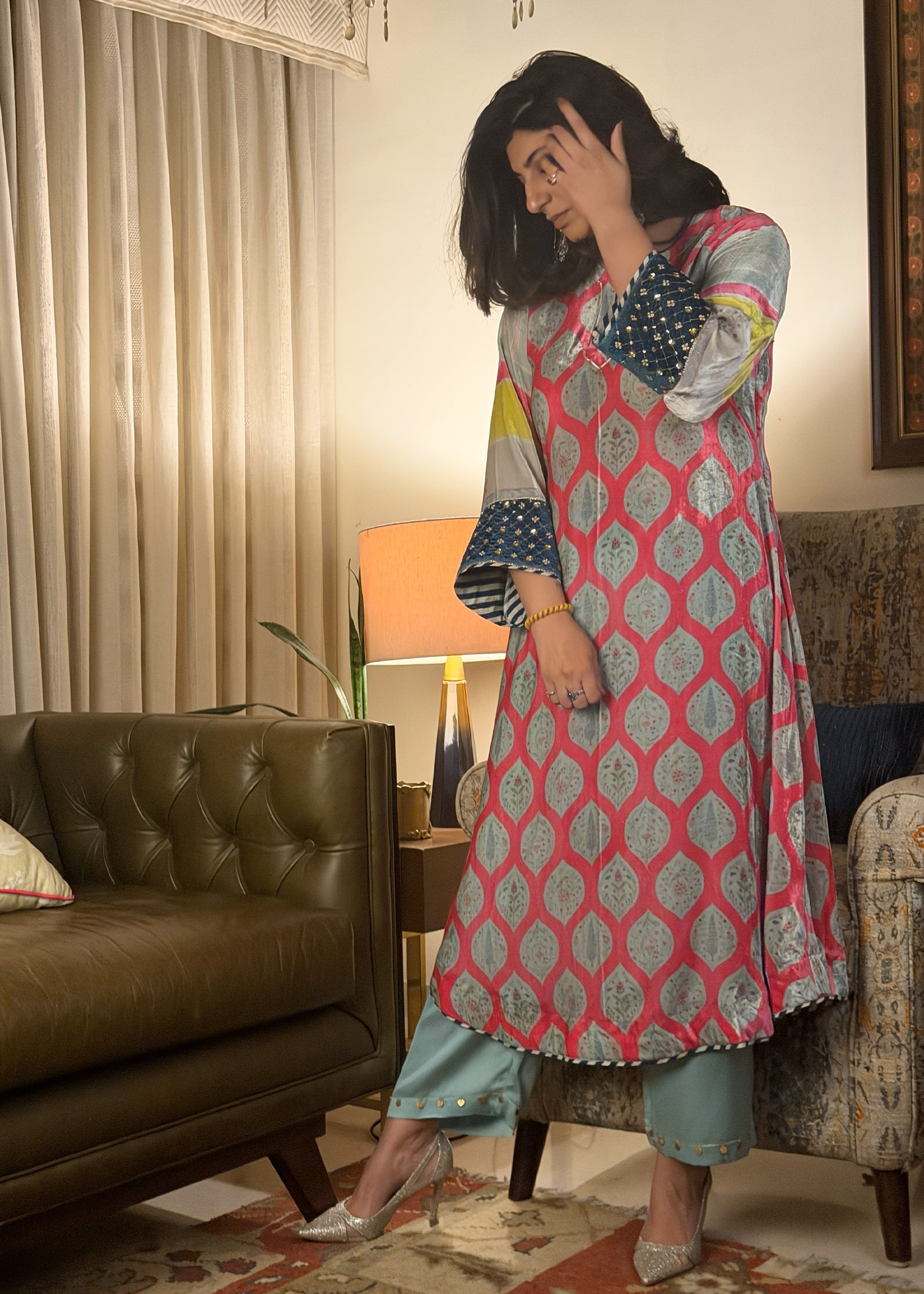 Pink Mehzabeen Print Velevt Kurta Set