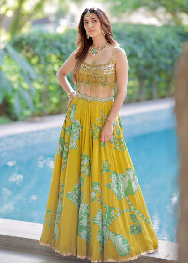 Meher Taluja Retro Raani Yellow Sage Lehenga Set
