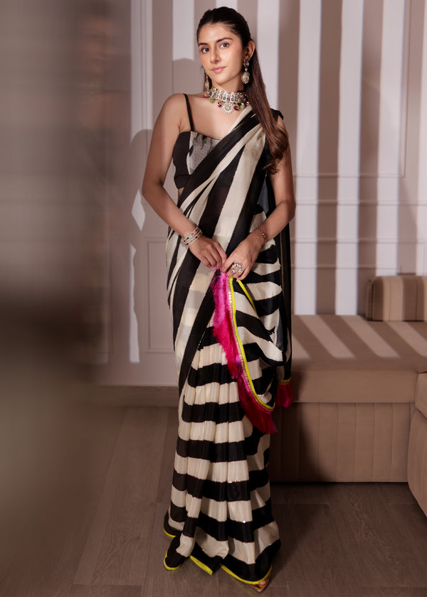 Meher Taluja Black And White Stripe Saree with Blouse Piece