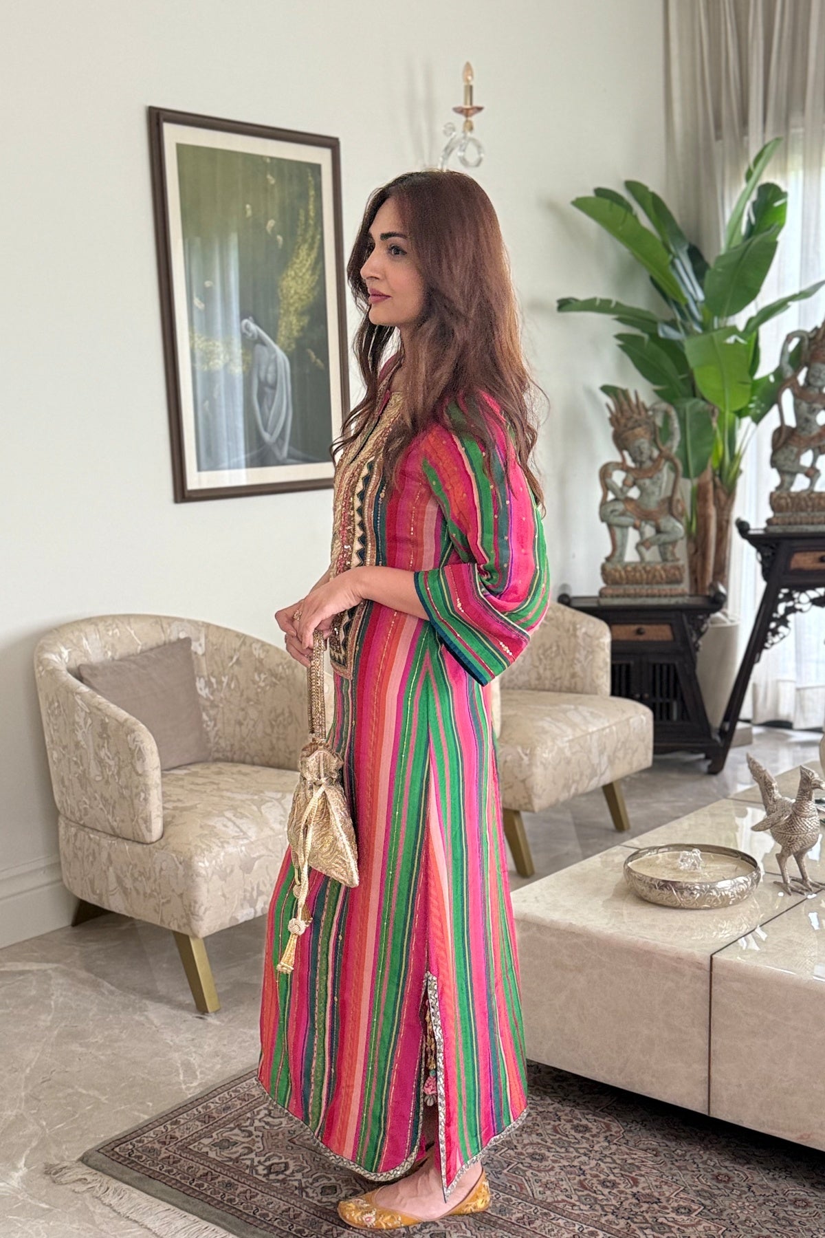 Mastani Pink- Green Stripes Yoke Kaftan Dress