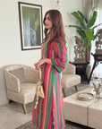 Mastani Pink- Green Stripes Yoke Kaftan Dress