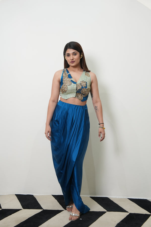 Khel Teal Blue Drape Skirt Set