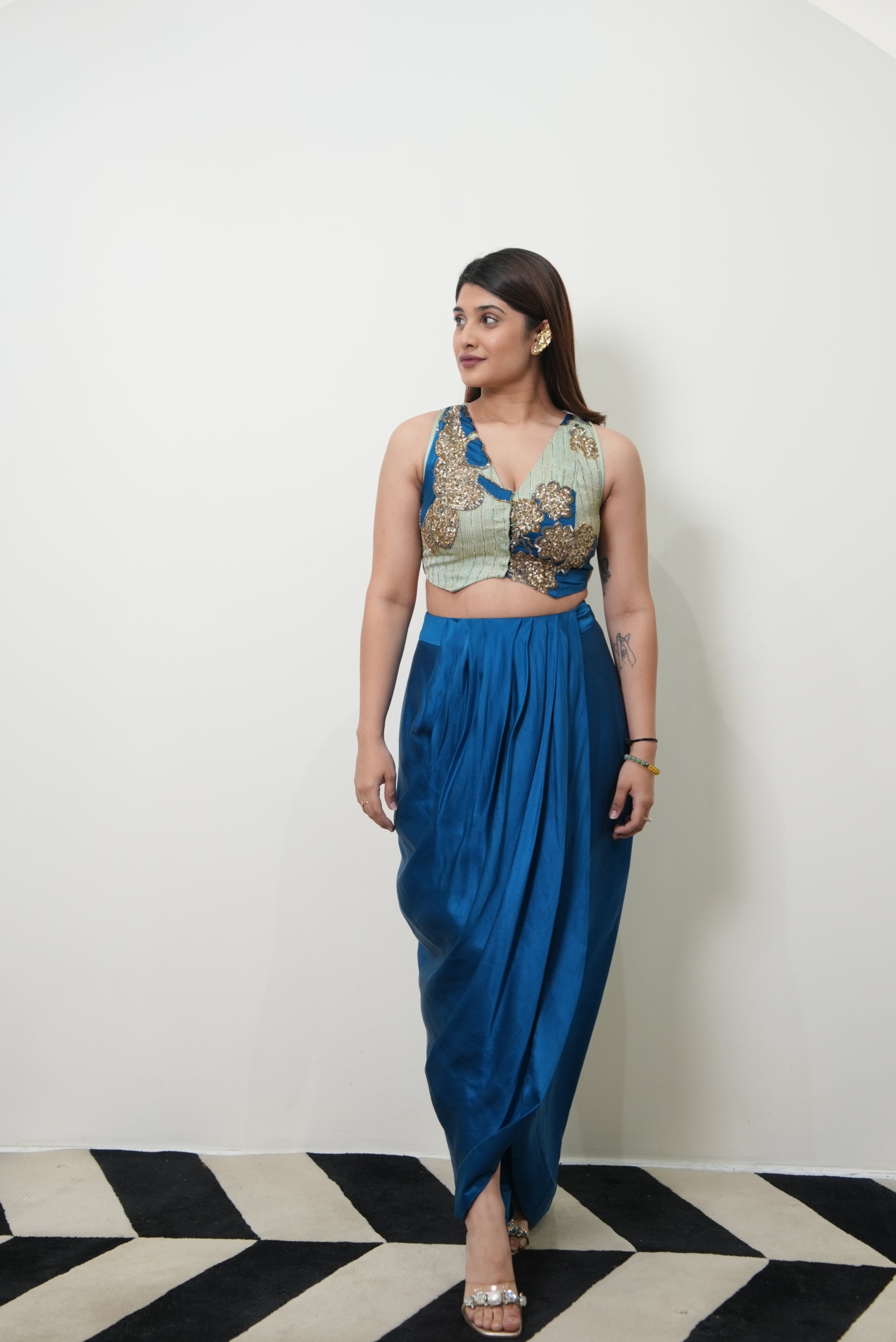 Khel Teal Blue Drape Skirt Set
