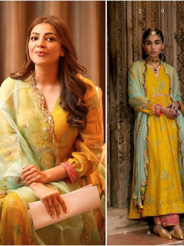 Kajal Aggarwal Fariba Lime Yellow Printed  Back Yoke Kurta Set