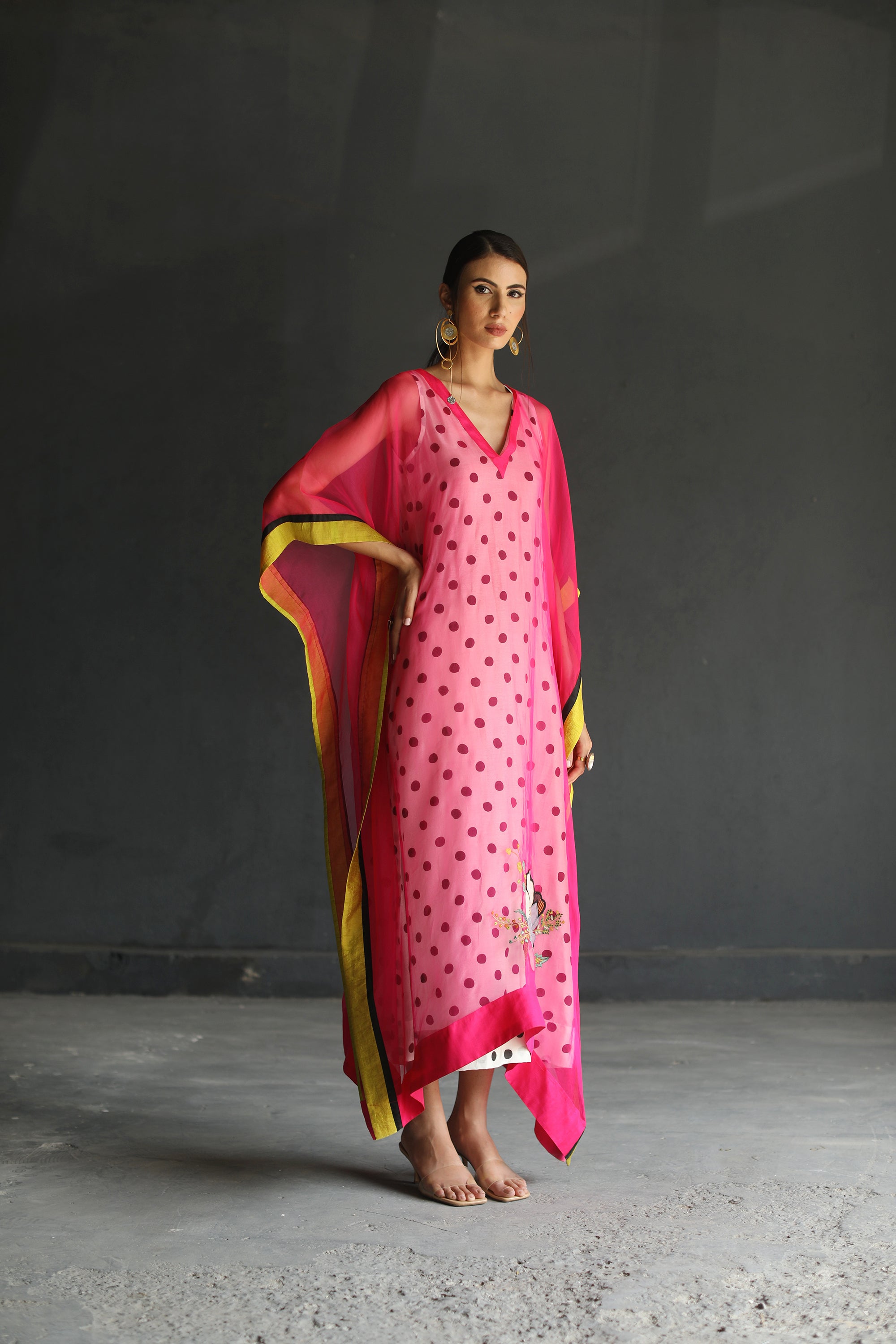 Love To Dot Hot Pink Flower Organza Designer Kaftan For Women – Raji Ramniq