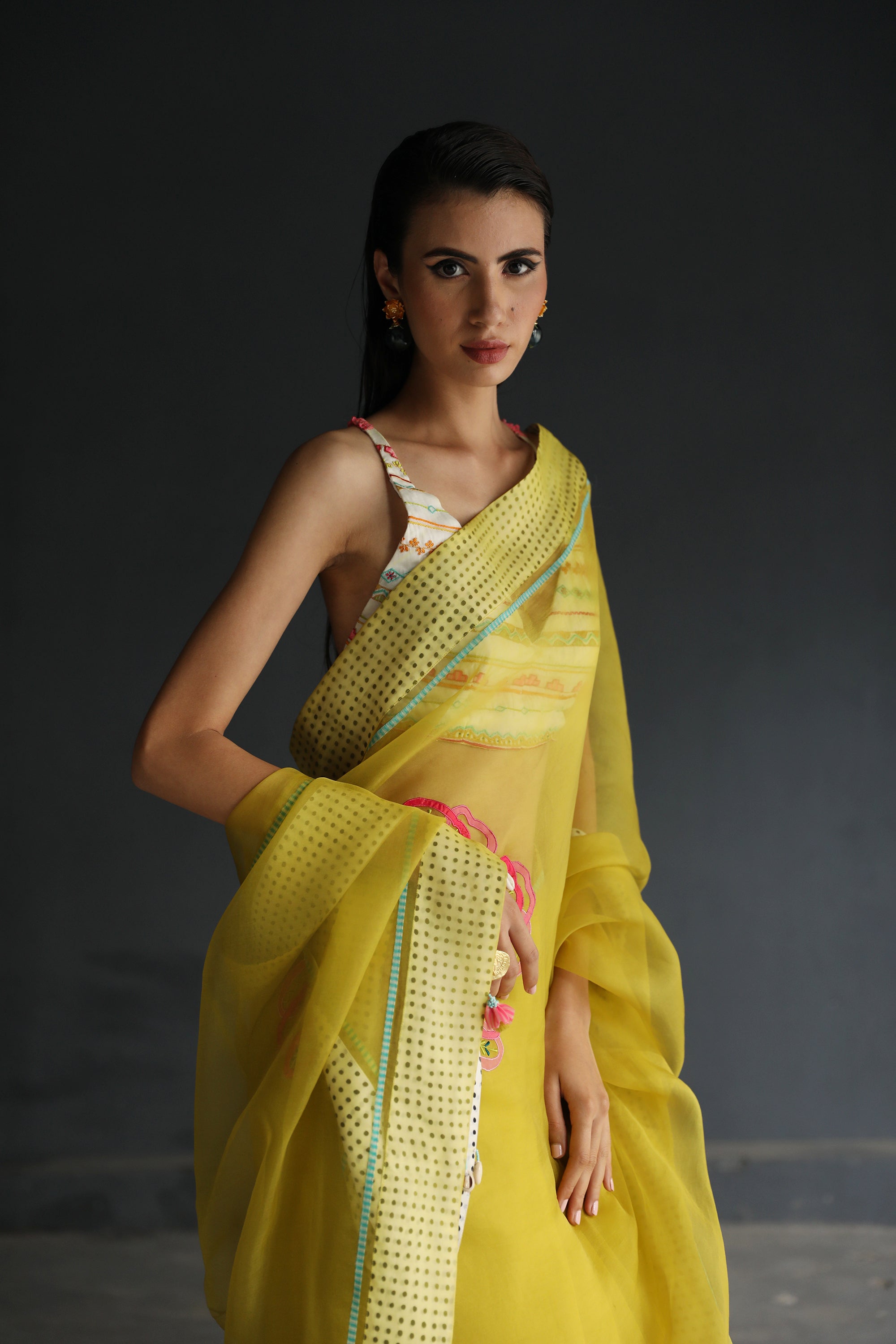 Love To Dot Yellow Flower Organza Sari