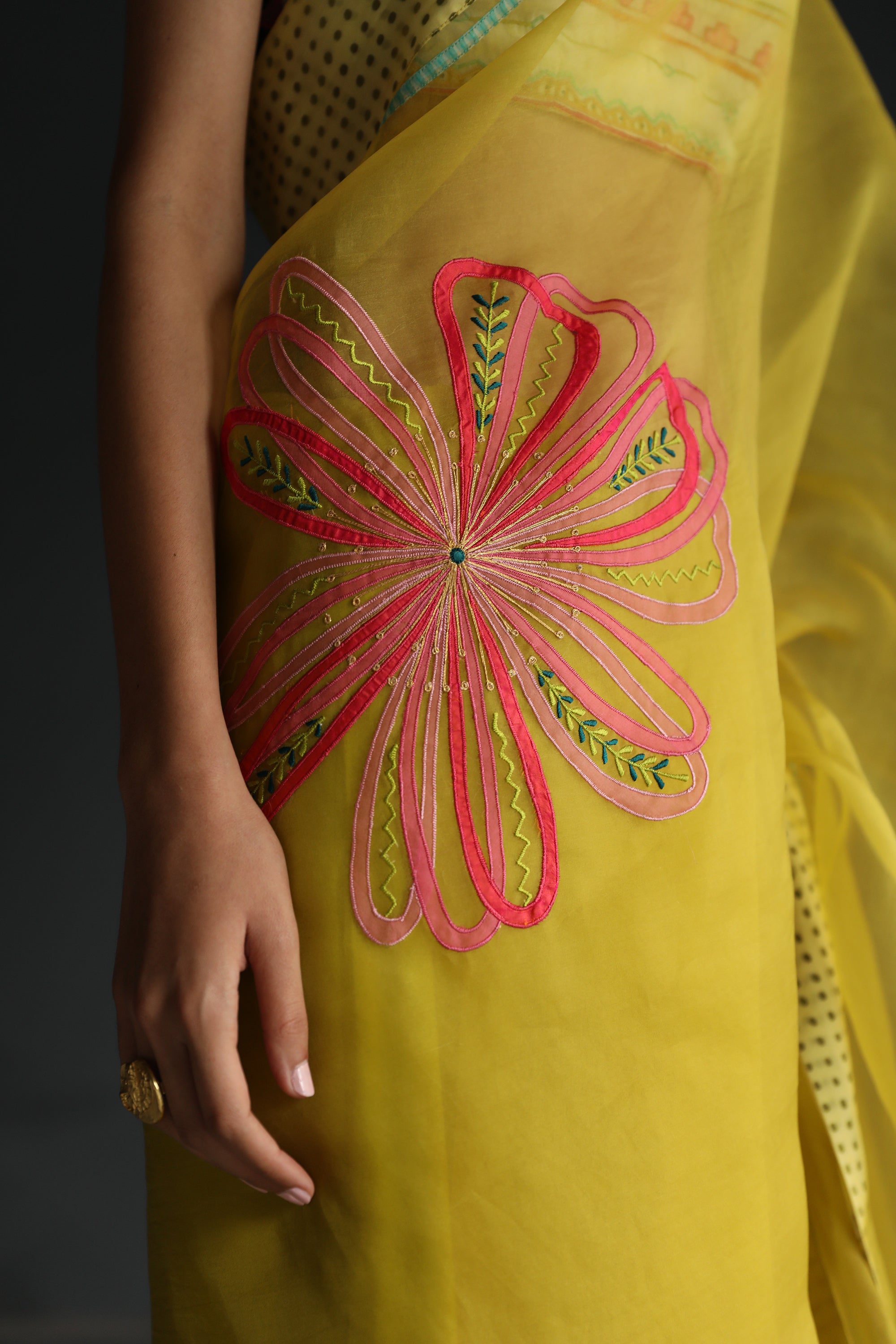 Love To Dot Yellow Flower Organza Sari