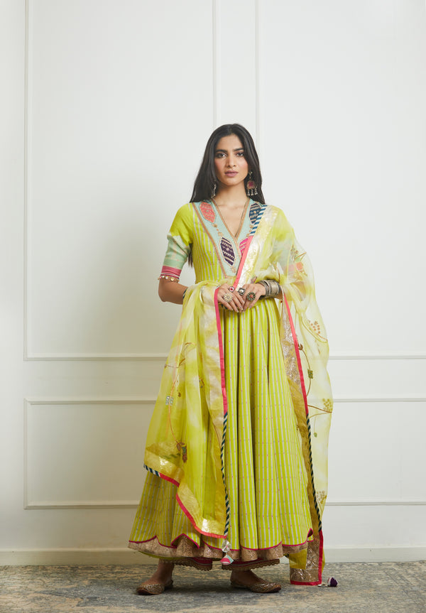 Bright Lime Printed Anarkali Set