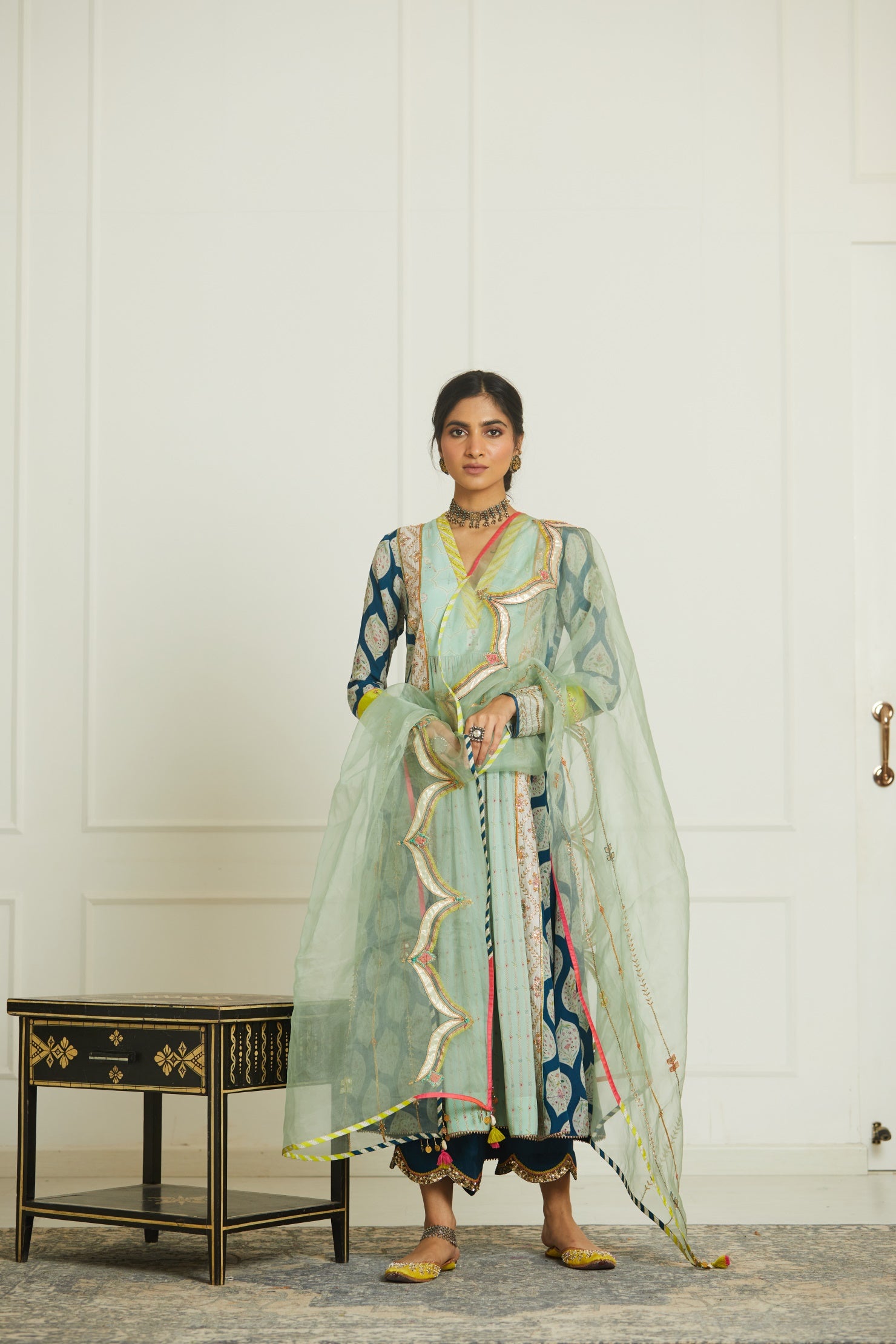 Mehzabeen Teal Blue - Powder Blue Printed Panel Kurta Set