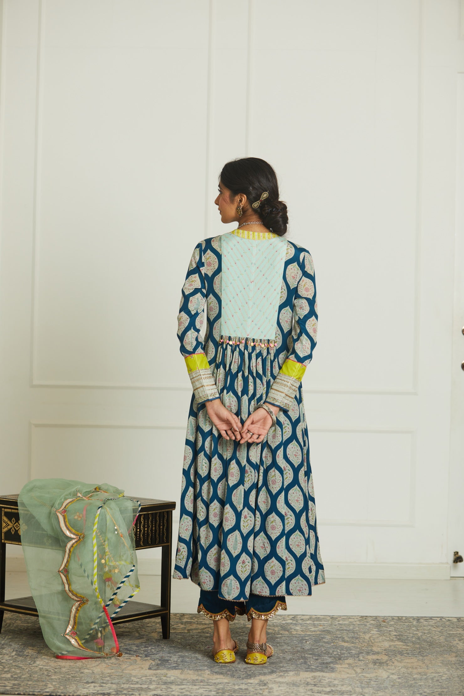 Mehzabeen Teal Blue - Powder Blue Printed Panel Kurta Set