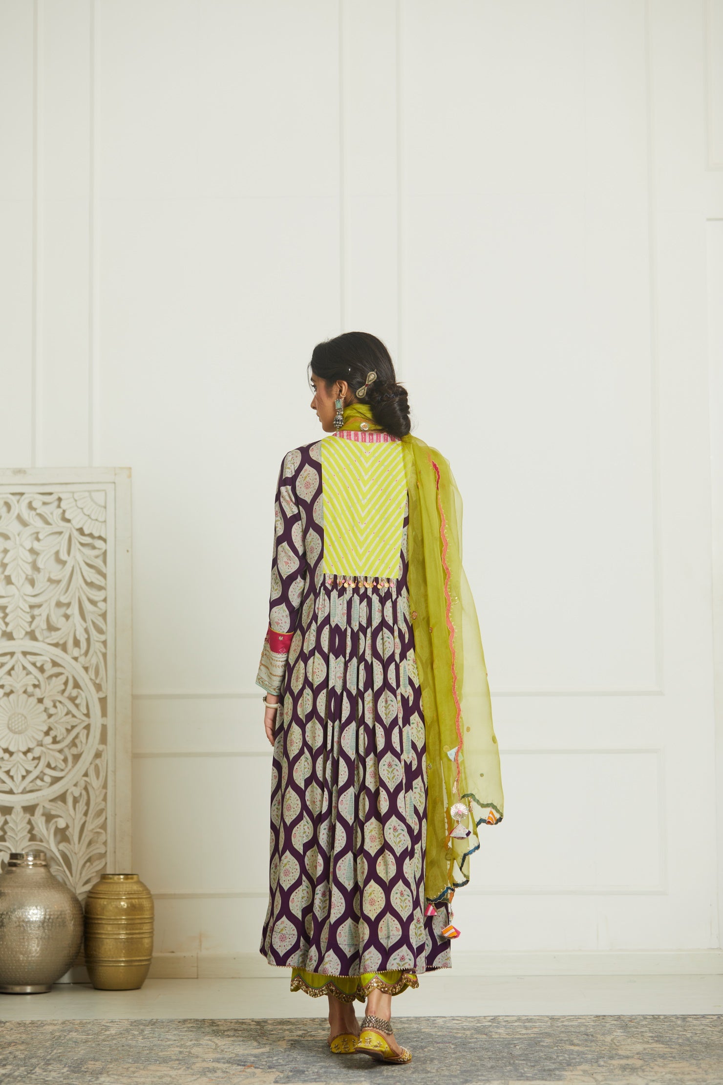 Puple - B. Lime Printed Panel Kurta Set