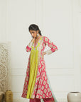 Magenta - B. Lime Printed Panel Kurta Set