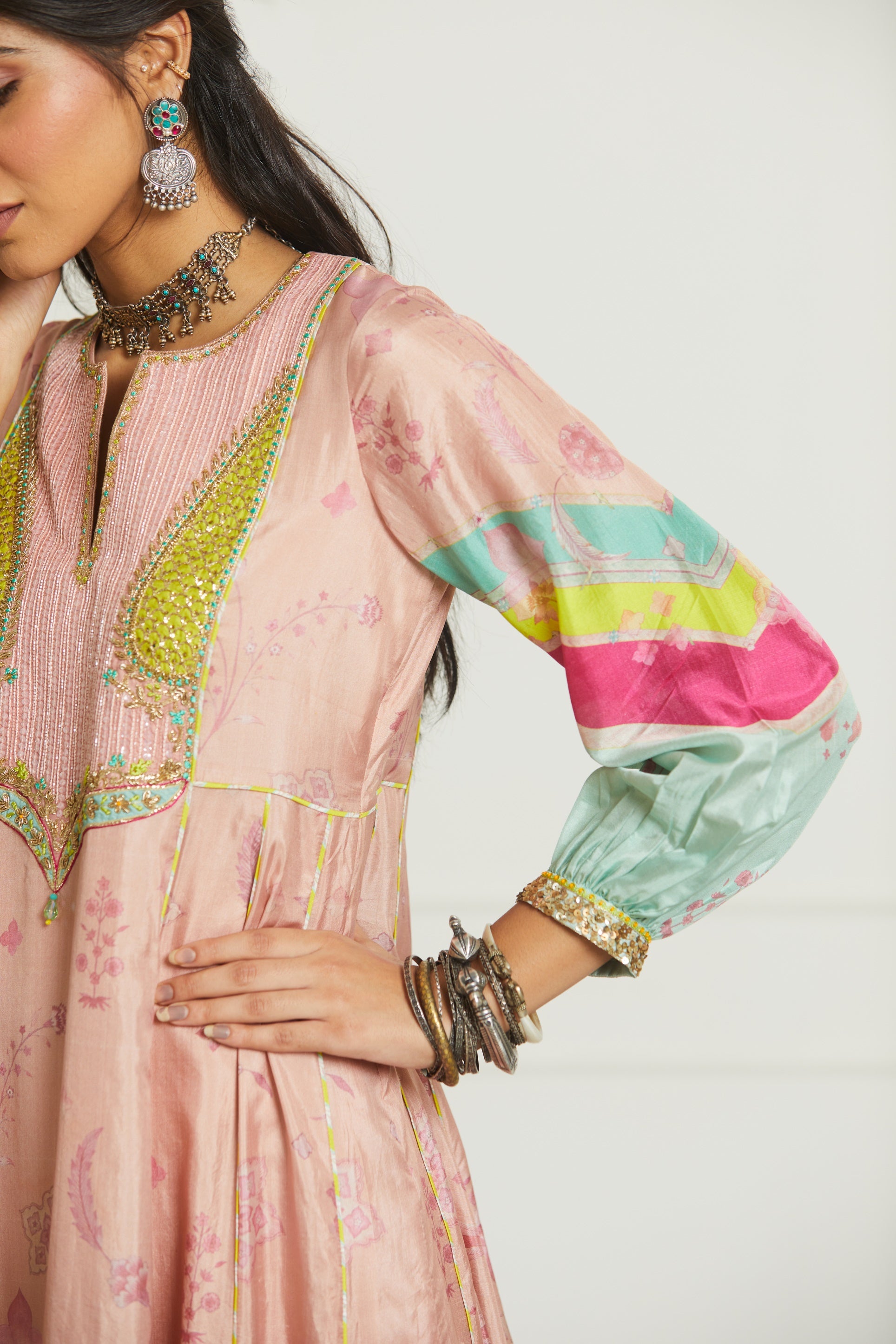 Pastel Pink Yoke Side Kali Kurta Set