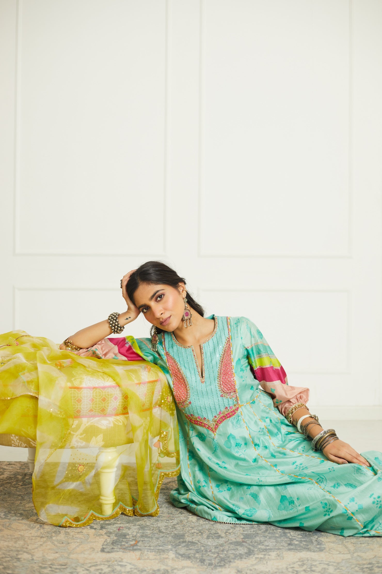 Sea Green Yoke Side Kali Kurta Set