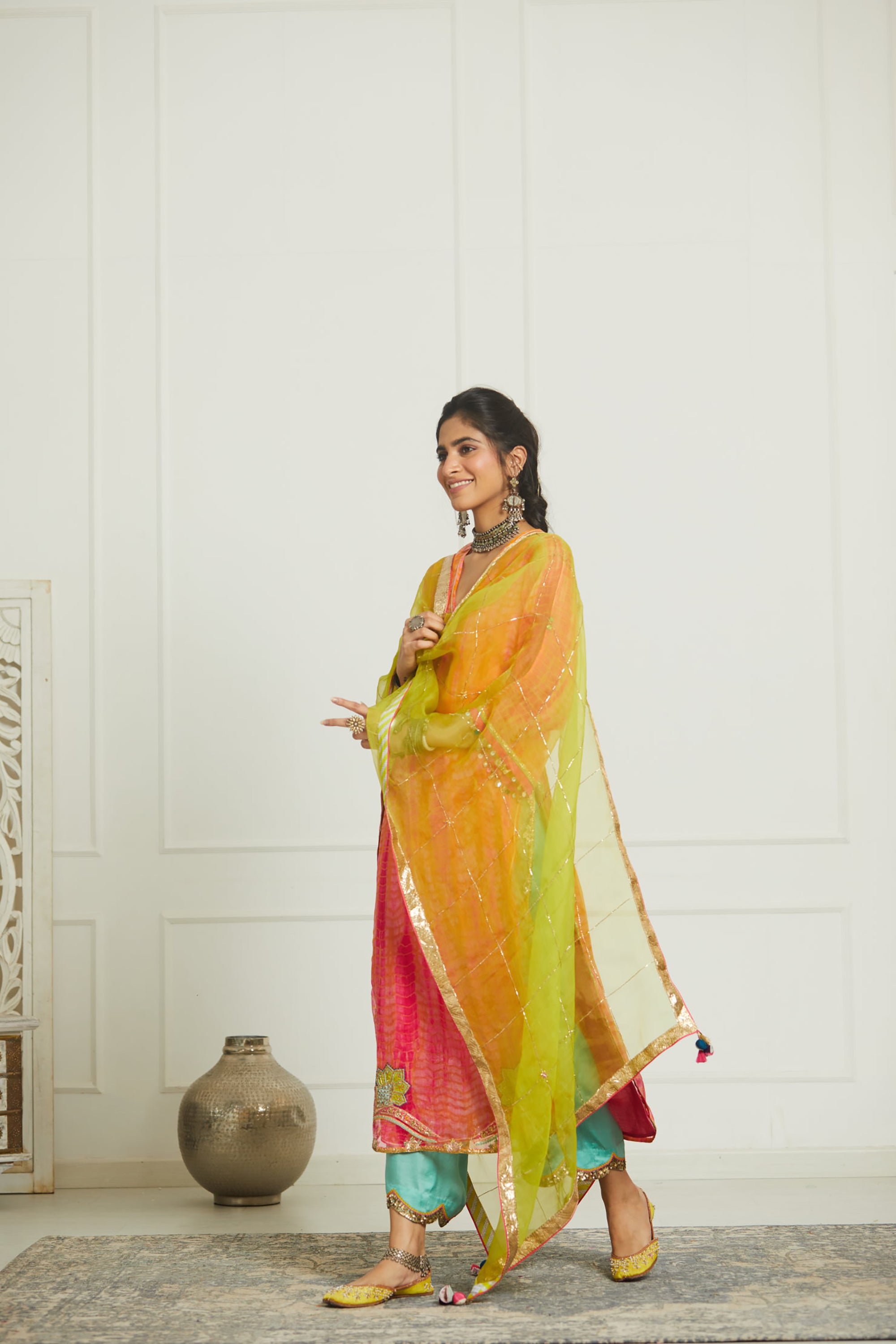 Bright Lime Check Jaal Dupatta