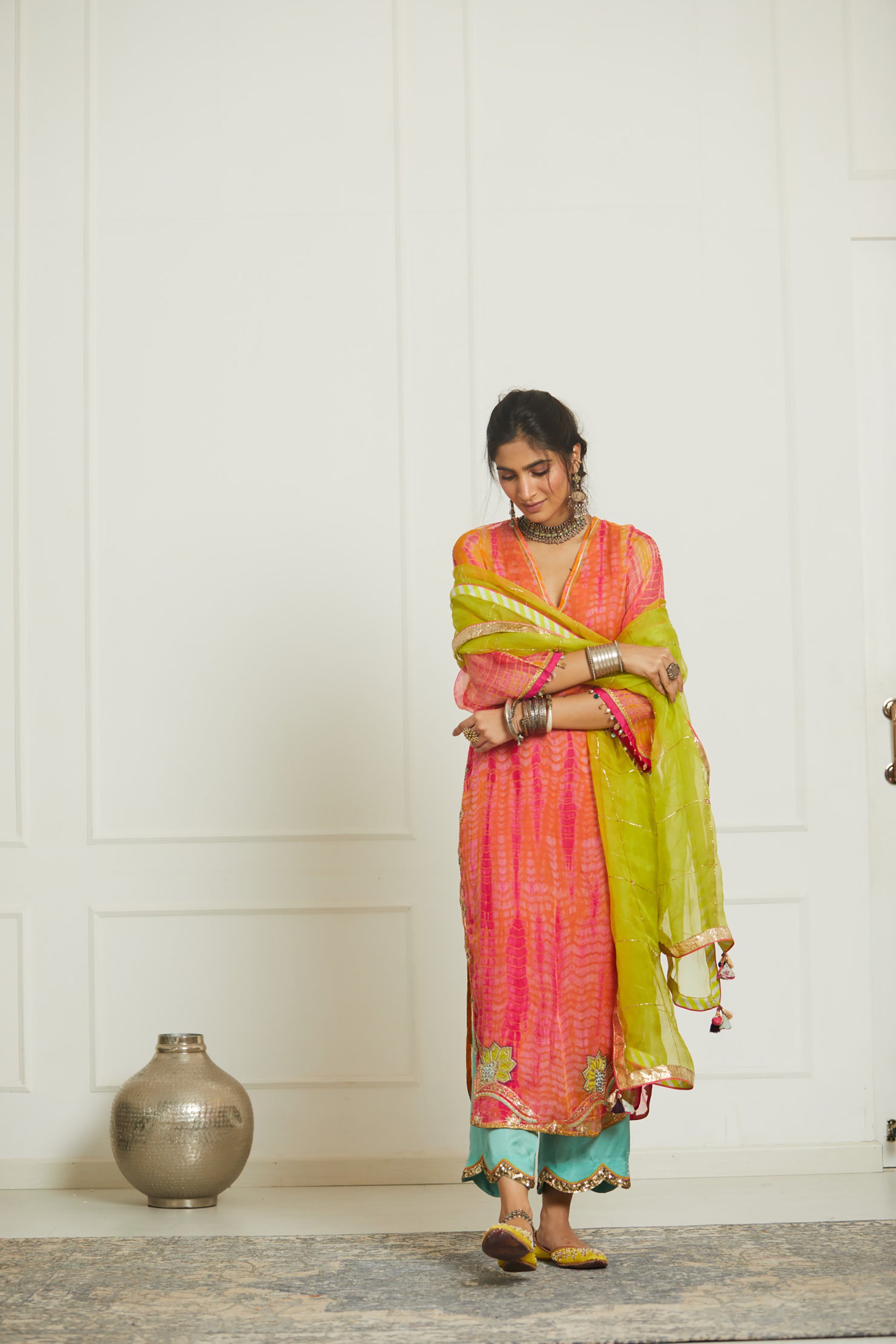 Bright Lime Check Jaal Dupatta