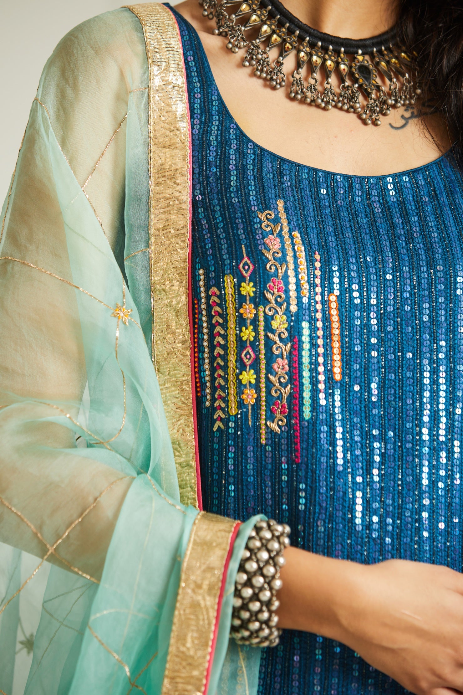 Teal Blue Sequin Kurta Gharara Set