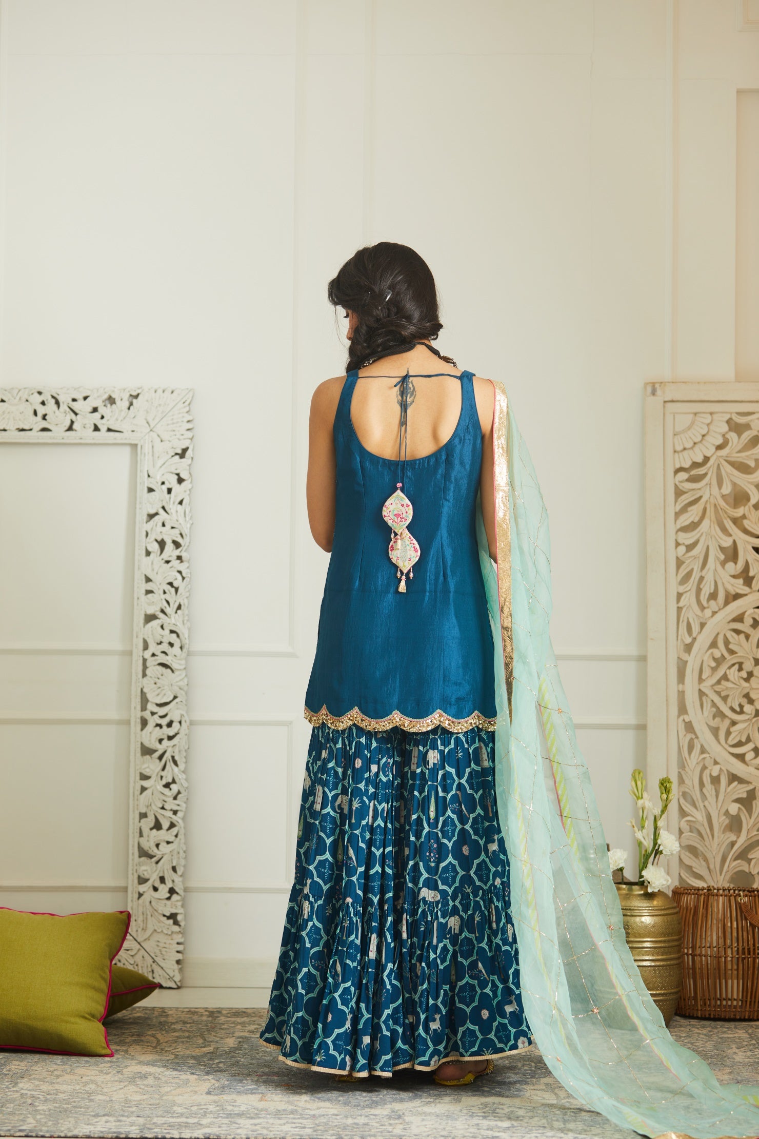 Teal Blue Sequin Kurta Gharara Set