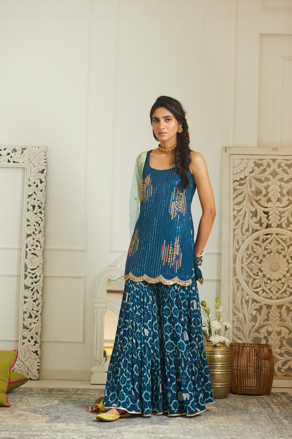 Teal Blue Sequin Kurta Gharara Set