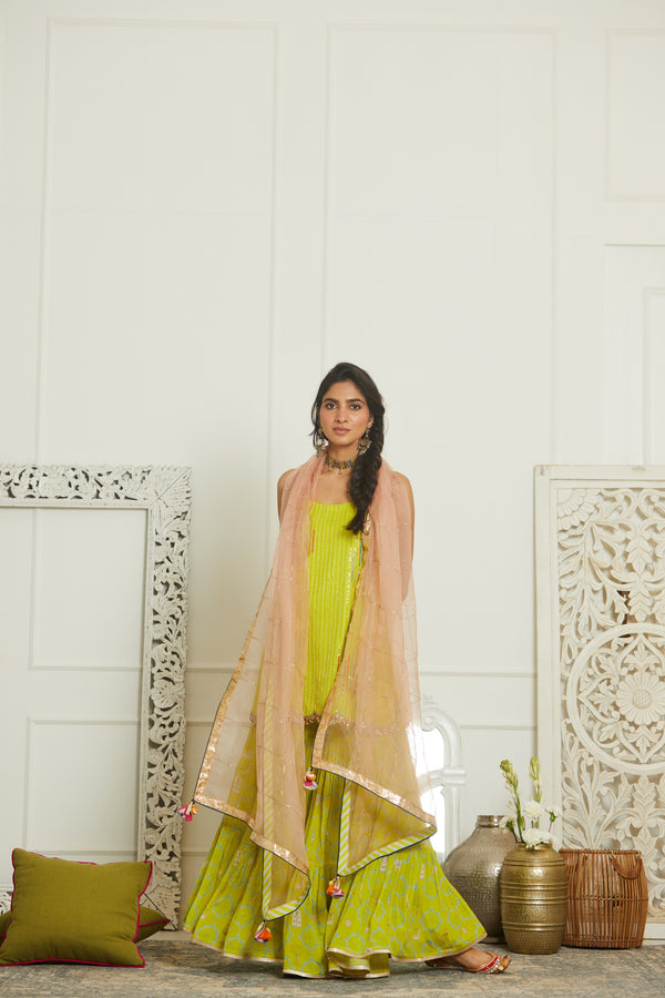 Bright Lime Sequin Kurta Gharara Set