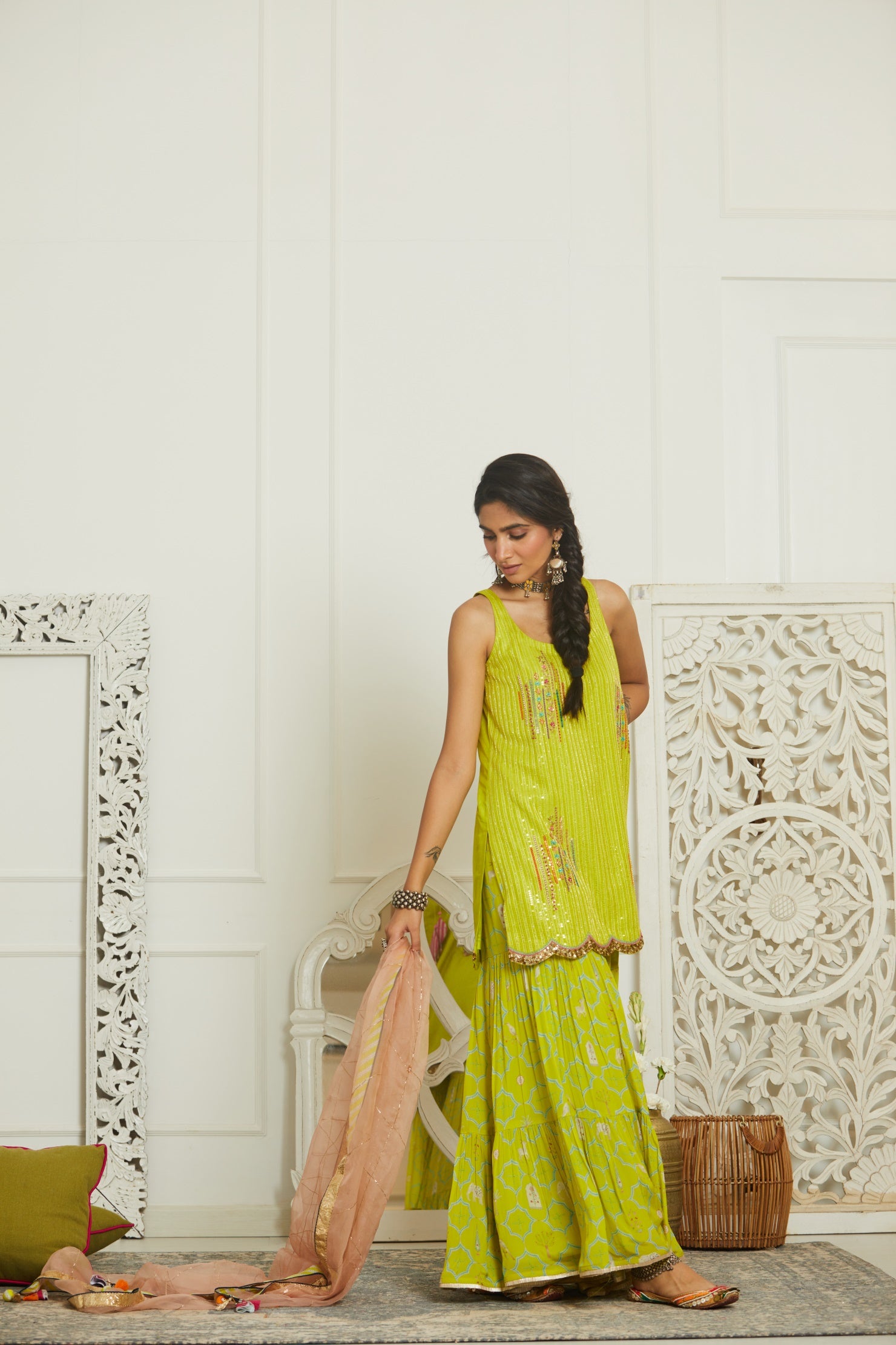 Bright Lime Sequin Kurta Gharara Set