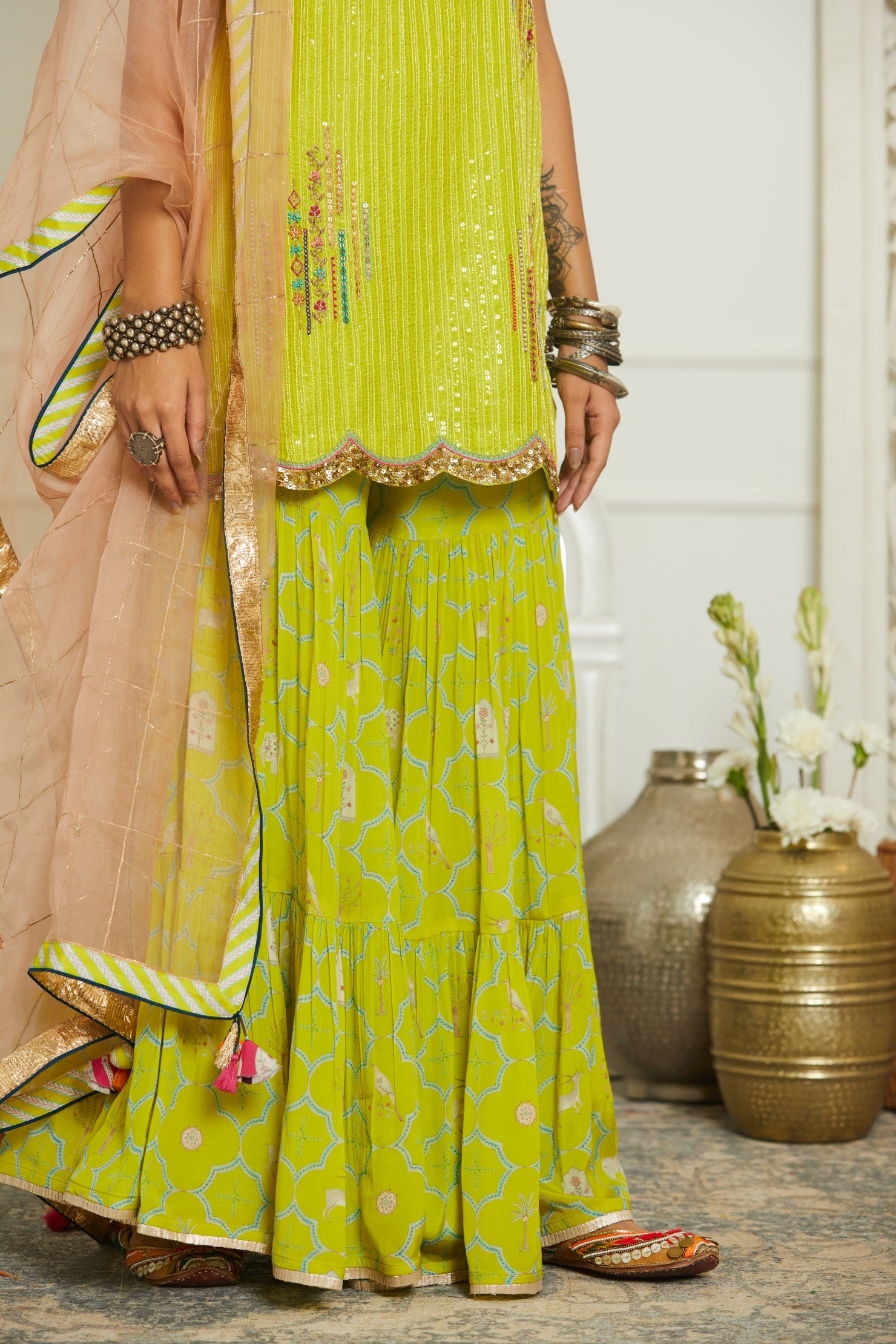 Bright Lime Sequin Kurta Gharara Set