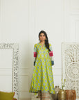 Mehzabeen Lime Printed Silk Back Pleat Kurta Set