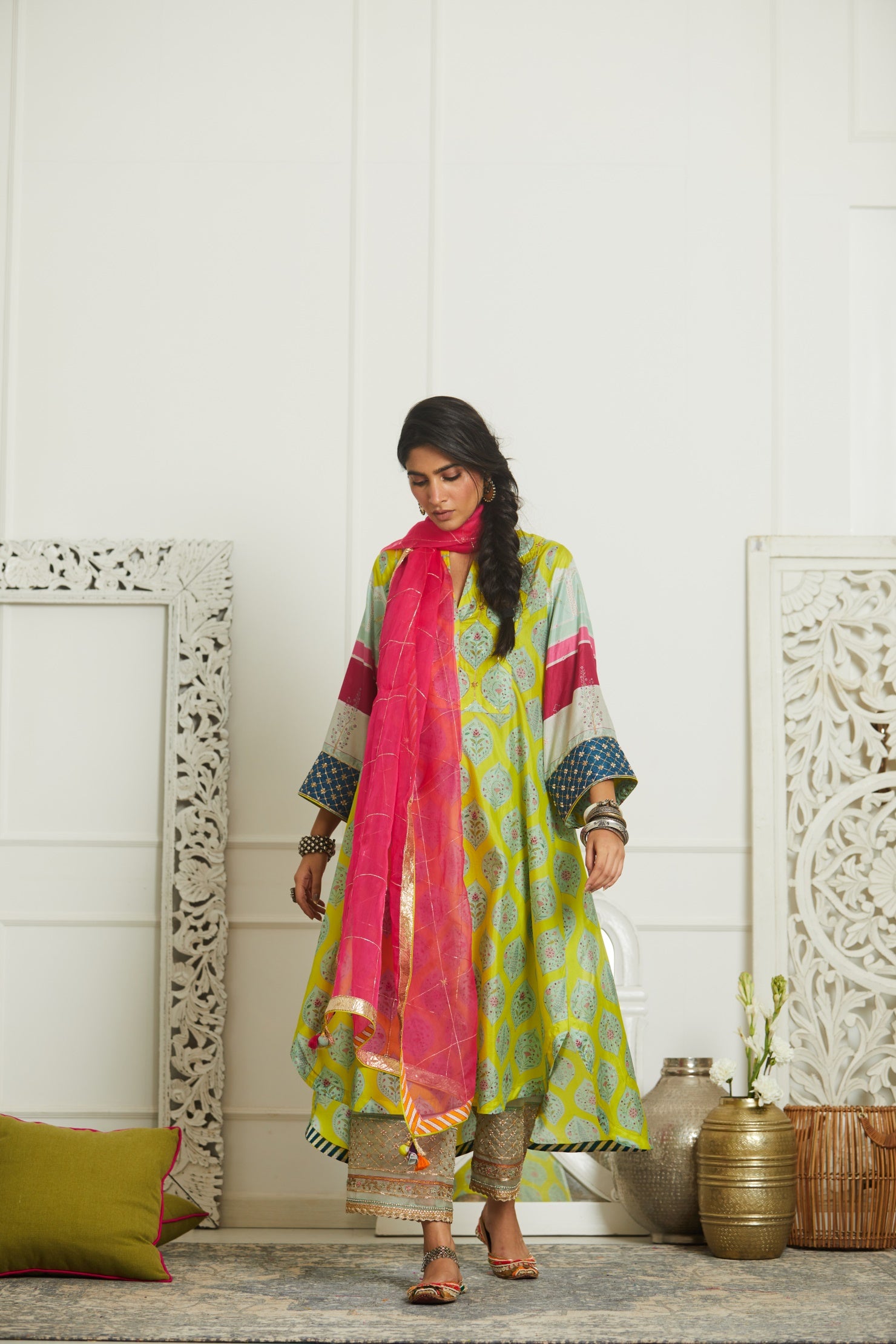 Mehzabeen Lime Printed Silk Back Pleat Kurta Set