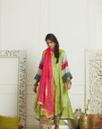 Mehzabeen Lime Printed Silk Back Pleat Kurta Set