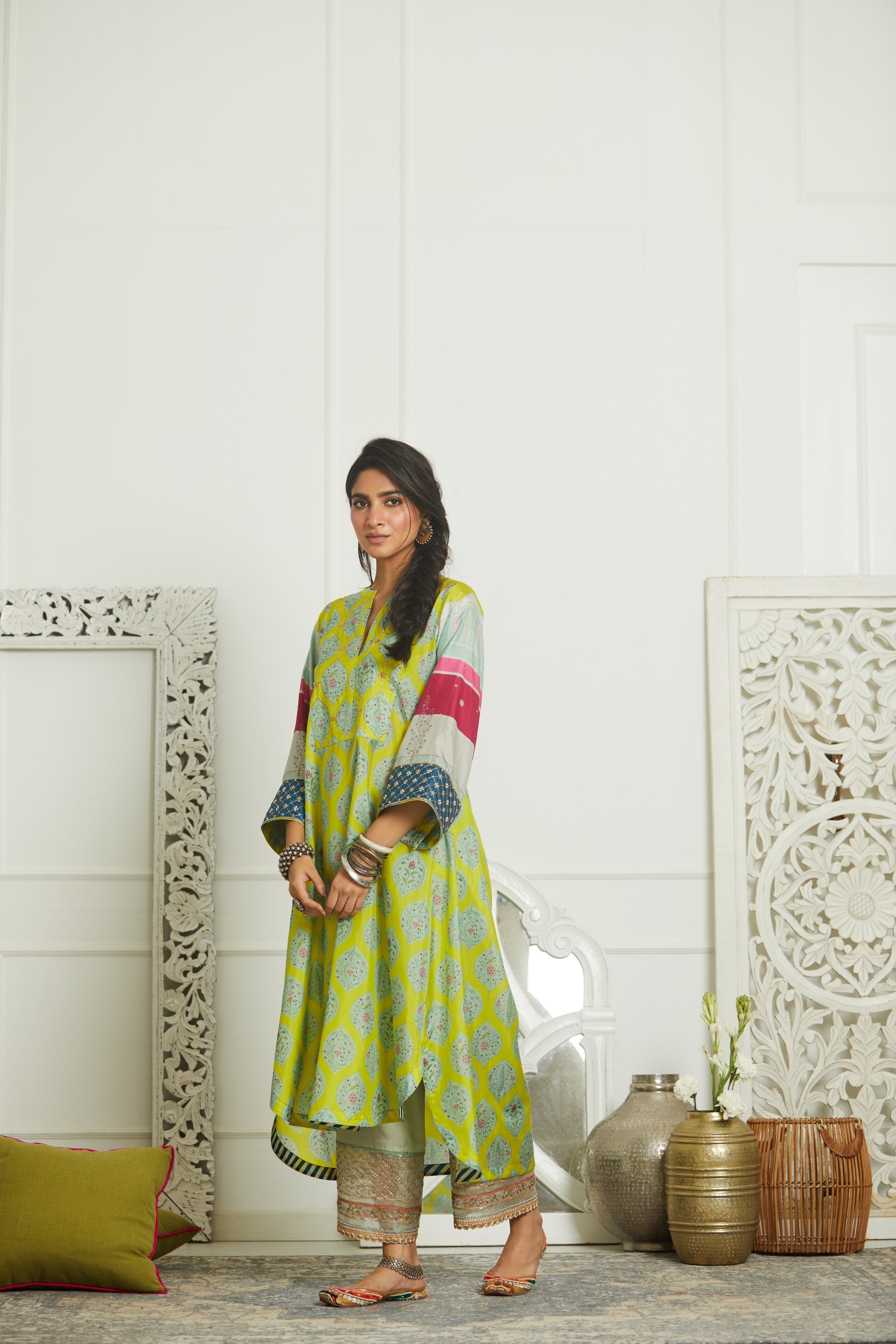 Mehzabeen Lime Printed Silk Back Pleat Kurta Set