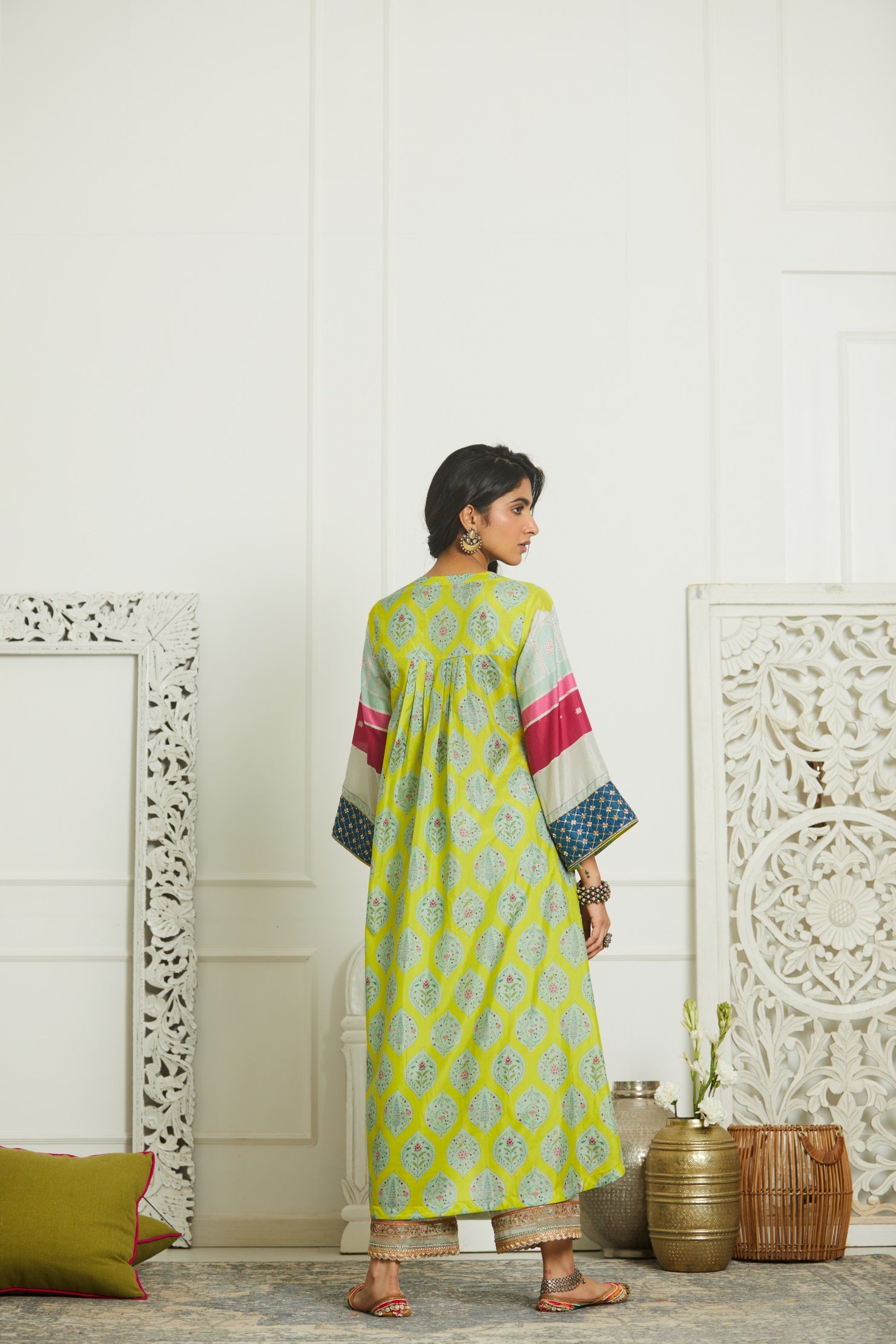 Mehzabeen Lime Printed Silk Back Pleat Kurta Set