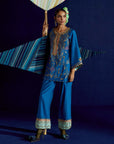 Mastani Yoke Jaal Teal Blue Silk Short Kurta Set