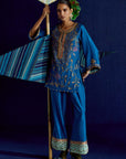 Mastani Yoke Jaal Teal Blue Silk Short Kurta Set