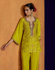 Mastani Yoke Jaal Yellow Silk Short Kurta Set
