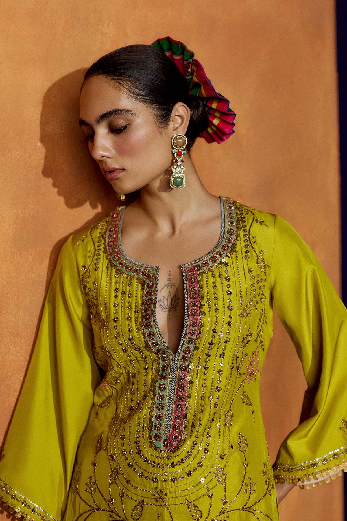 Mastani Yoke Jaal Yellow Silk Short Kurta Set