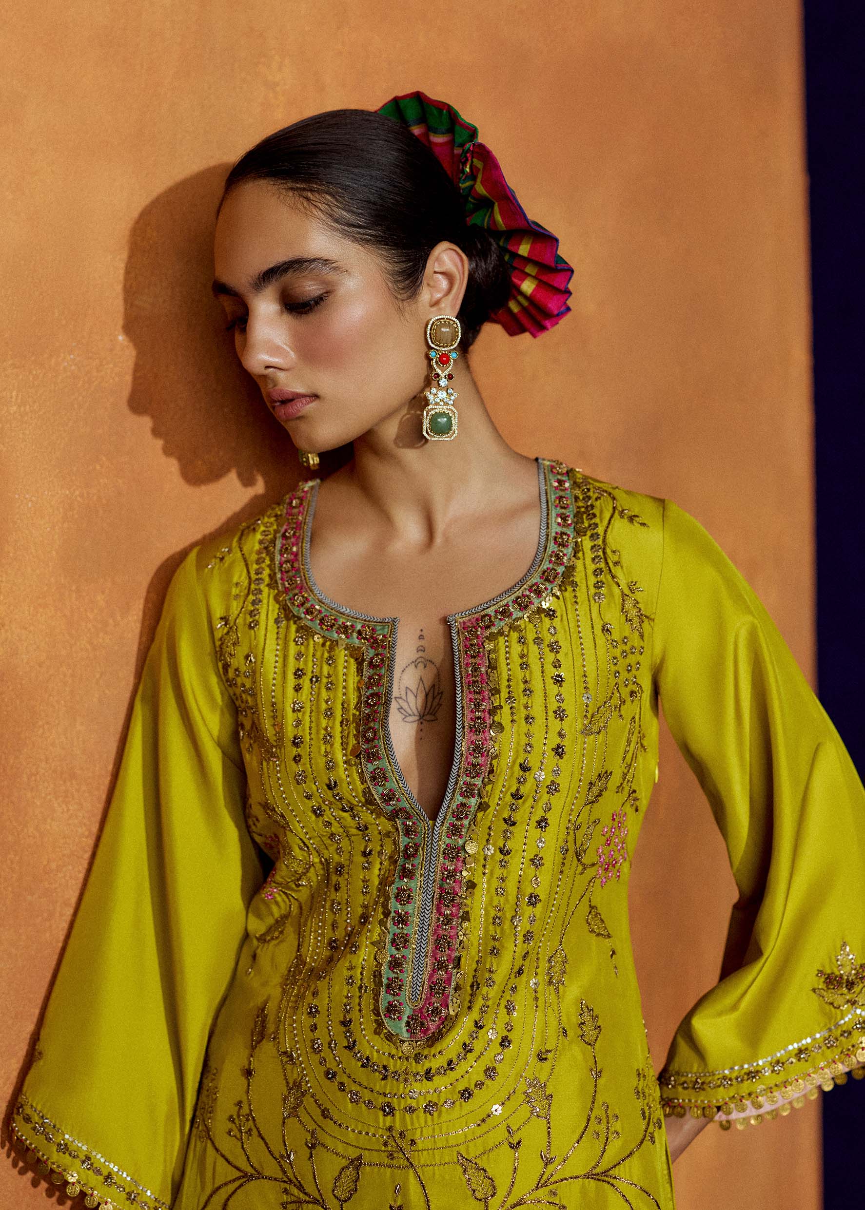 Mastani Yoke Jaal Yellow Silk Short Kurta Set