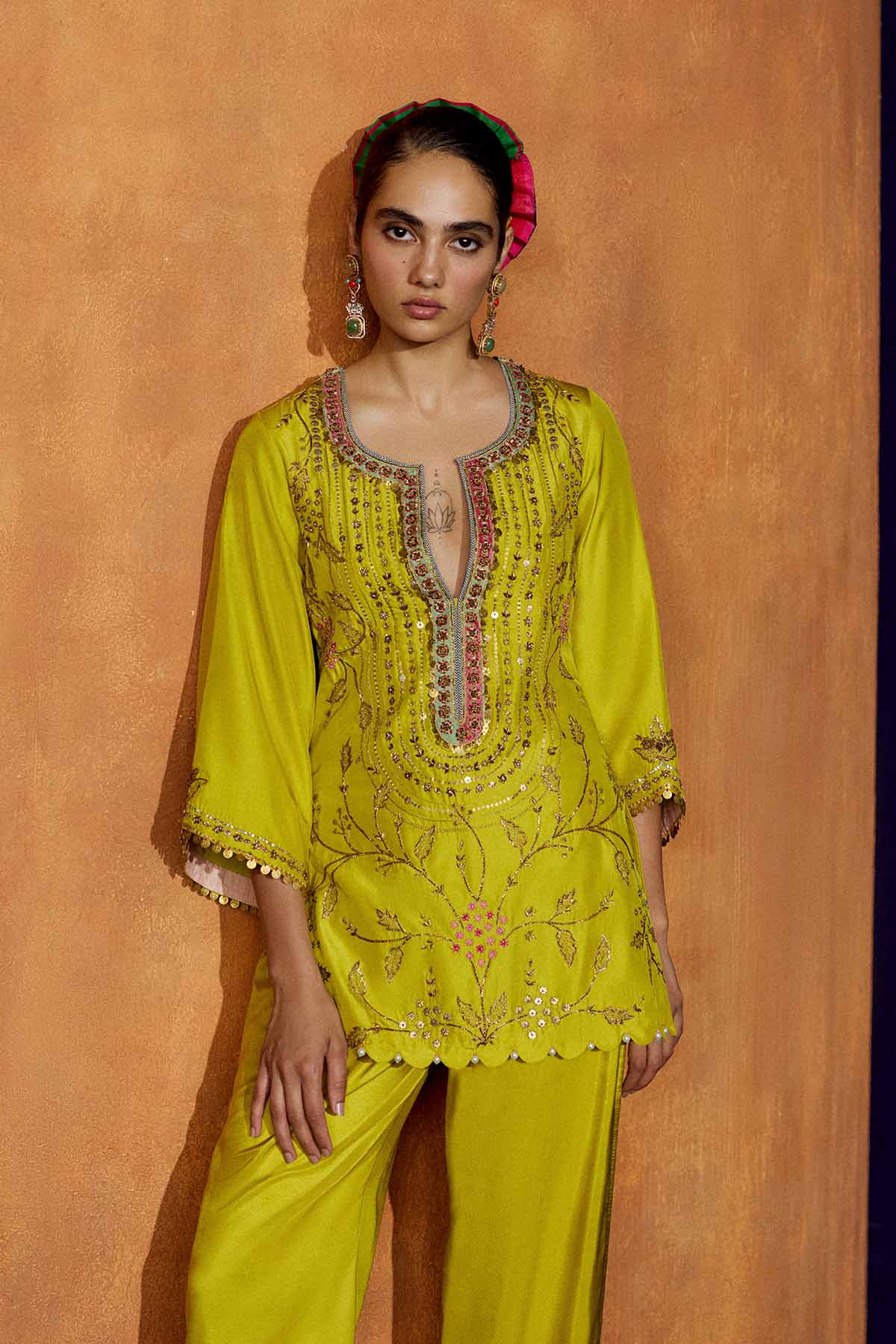 Mastani Yoke Jaal Yellow Silk Short Kurta Set