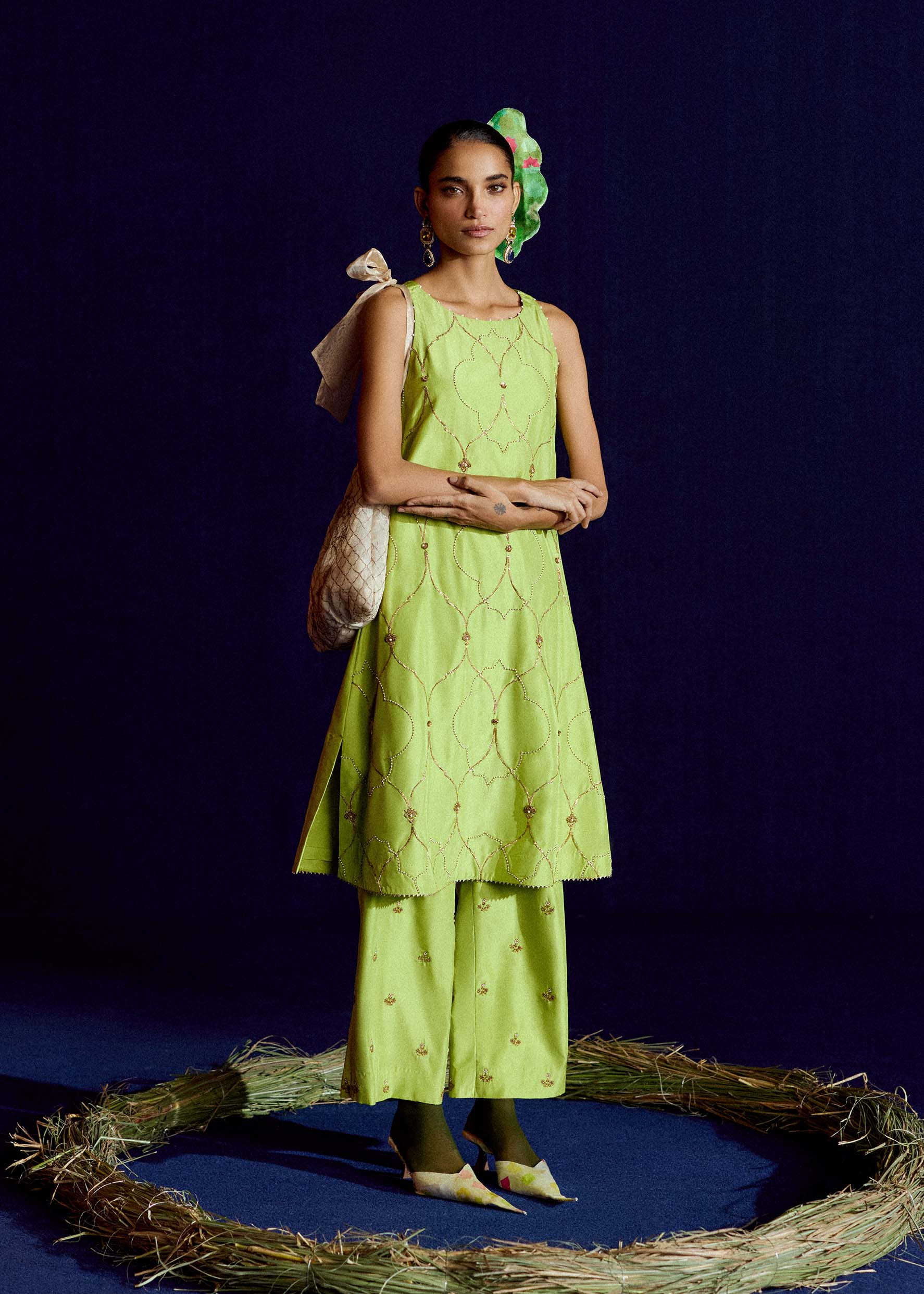 Mastani Scallop Sap Green Embroidered Silk Kurta Set