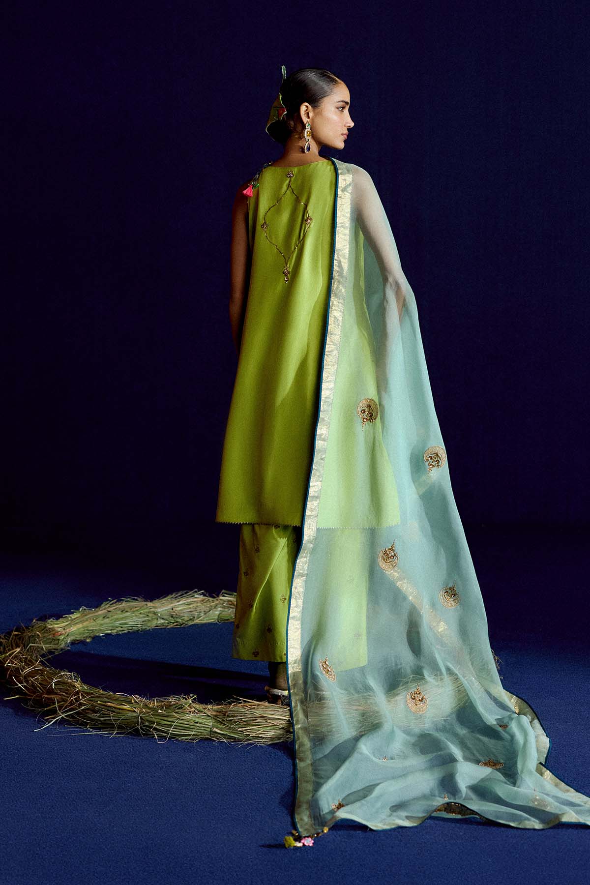 Mastani Scallop Sap Green Embroidered Silk Kurta Set