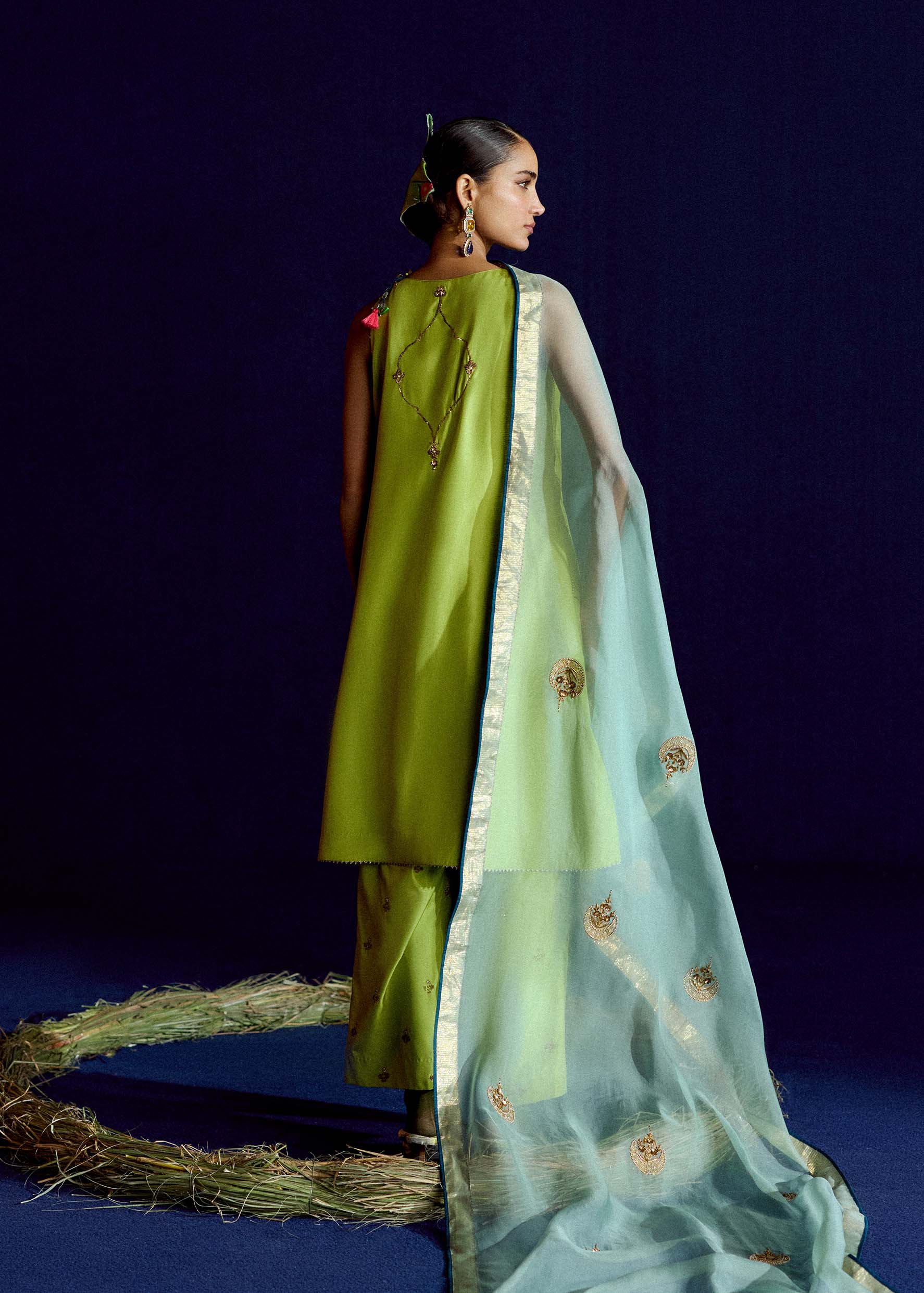 Mastani Scallop Sap Green Embroidered Silk Kurta Set