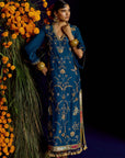 Mastani Teal Silk Carnation Jaal Kaftan Dress