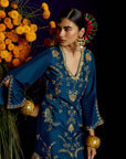 Mastani Teal Silk Carnation Jaal Kaftan Dress