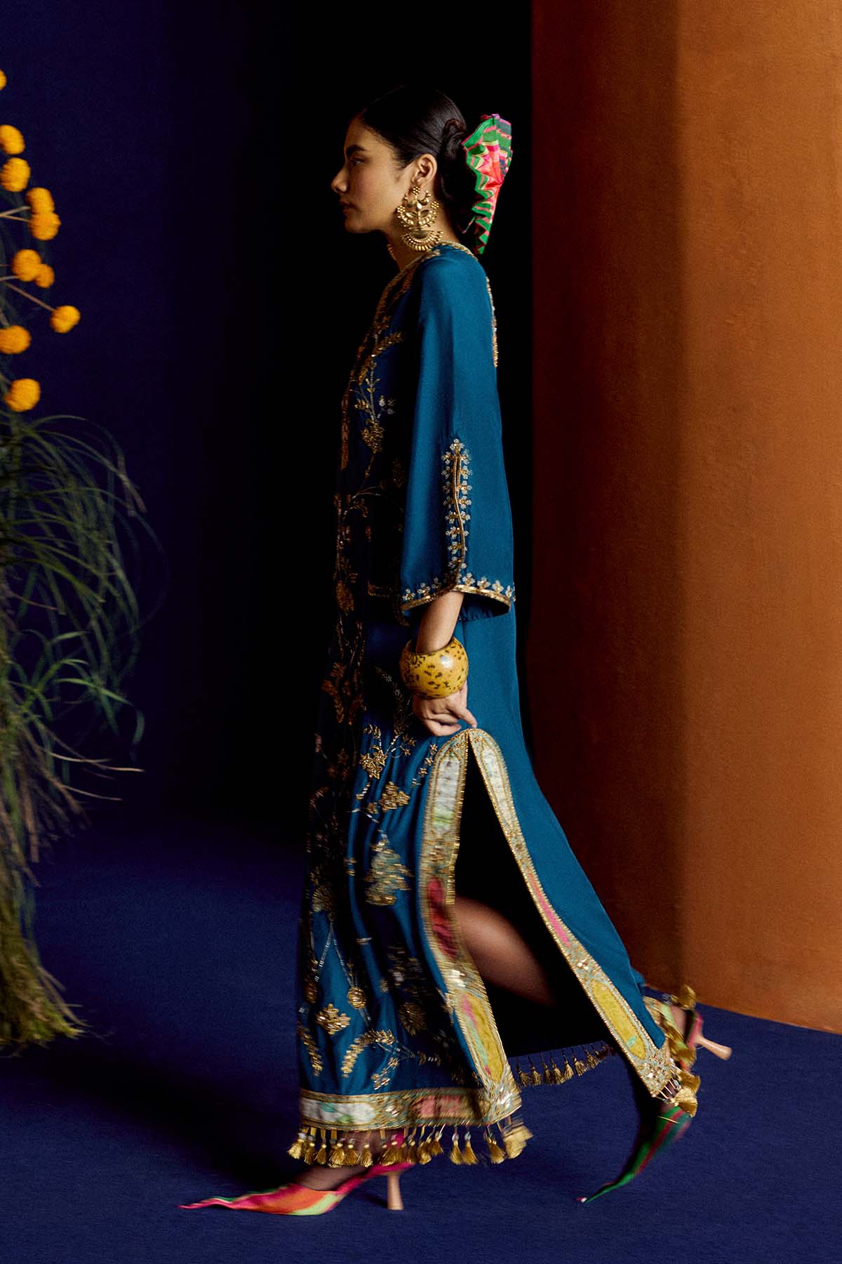 Mastani Teal Silk Carnation Jaal Kaftan Dress
